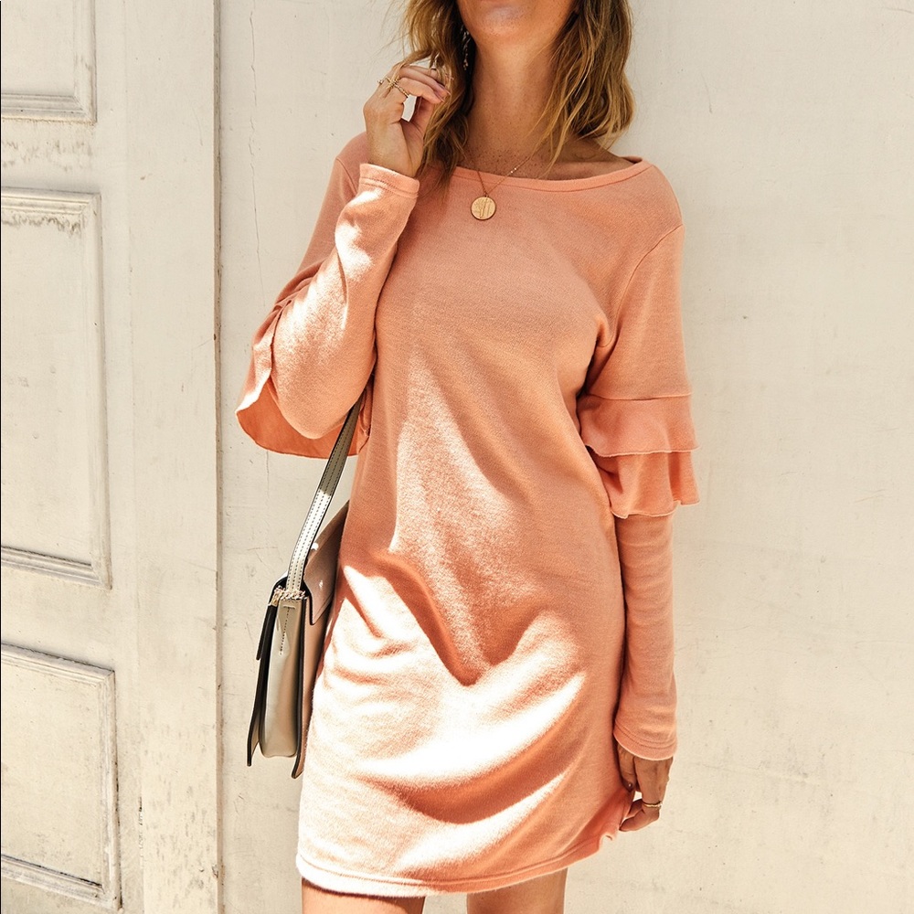 B2G1♦️💕Layered Long Sleeve Scoop Neck Dress Coral - Picture 2 of 7